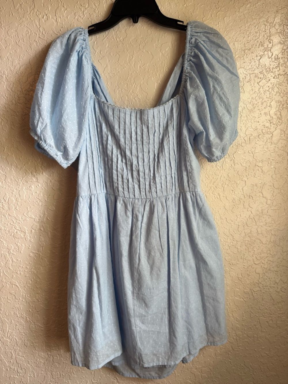 ASOS DESIGN Cotton Dobby Mini Dress Lace-Up Back Size 12 Light Blue